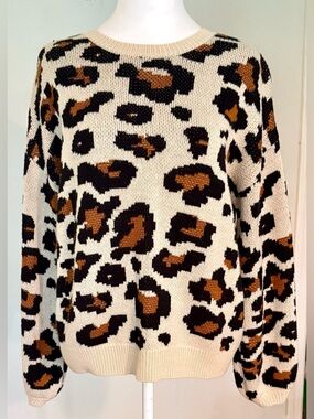 Animal Print Crewneck Sweater, Cream/Brown/Black, Size Small